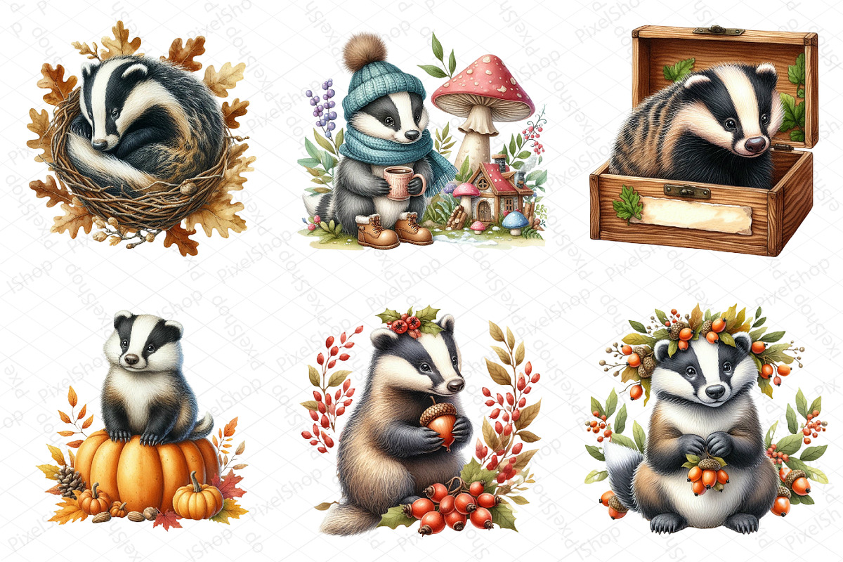 Watercolor Autumn Badger Clipart, an Illustration by DreamPrint404 (Photo 4 of 6)