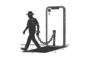 Man Chained to Giant Smartphone, a Technology Illustration by AlexArt