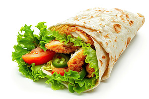Tortilla wrap with fried chicken and fresh vegetables on white background, a Food & Drink Photo by AlyaAnd