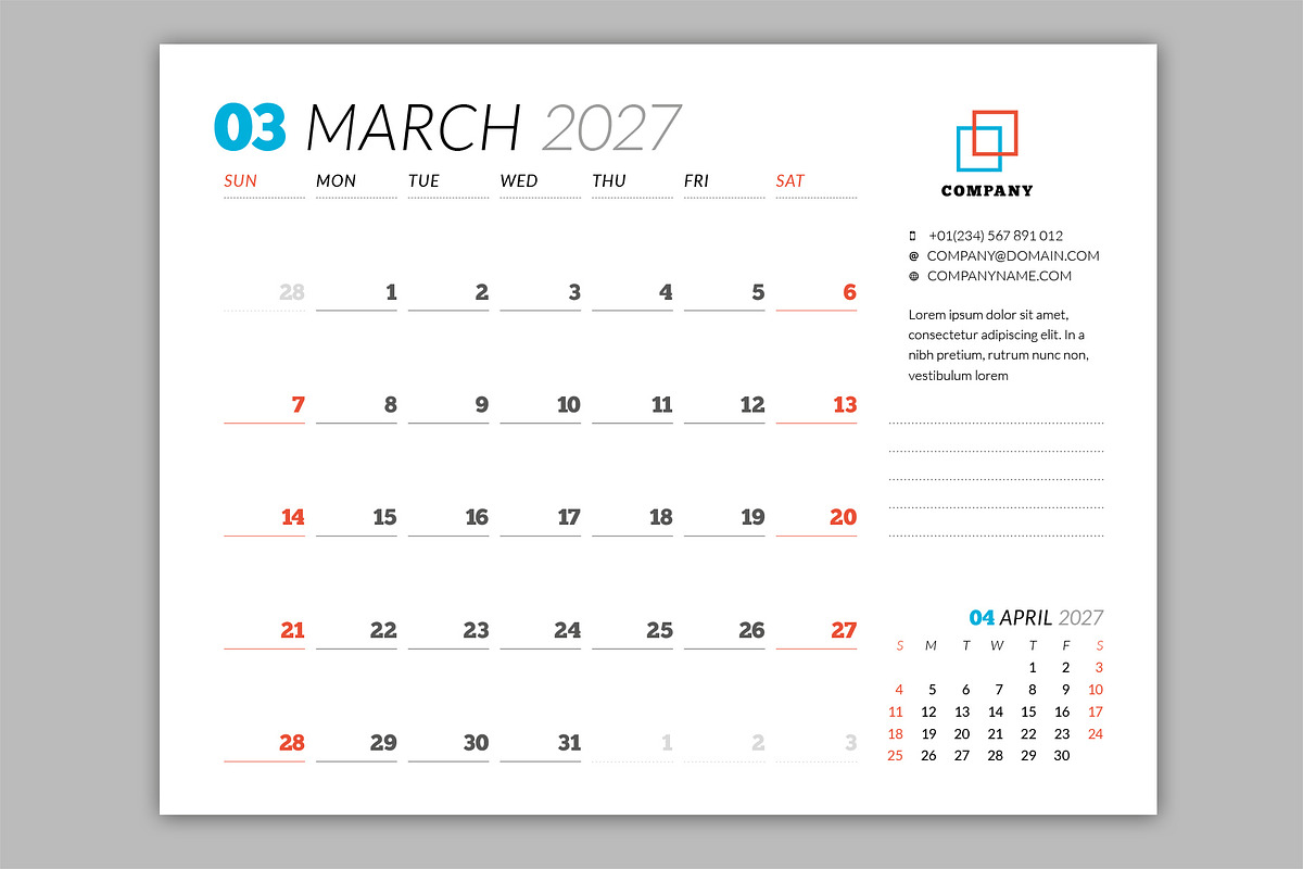 Wall Calendar 2027 (WC031-27-S), a Stationery Template by mikhailmorosin (Photo 3 of 7)