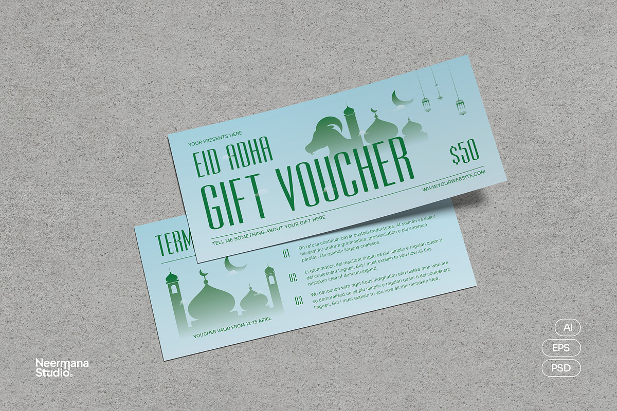 Blue Green Eid Al Adha Voucher, a Card Template by Neermana (Photo 1 of 4)