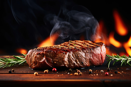 Grilled steak medium rare, rosemary, smoky flame background, a Photo by Dvoevnore photos