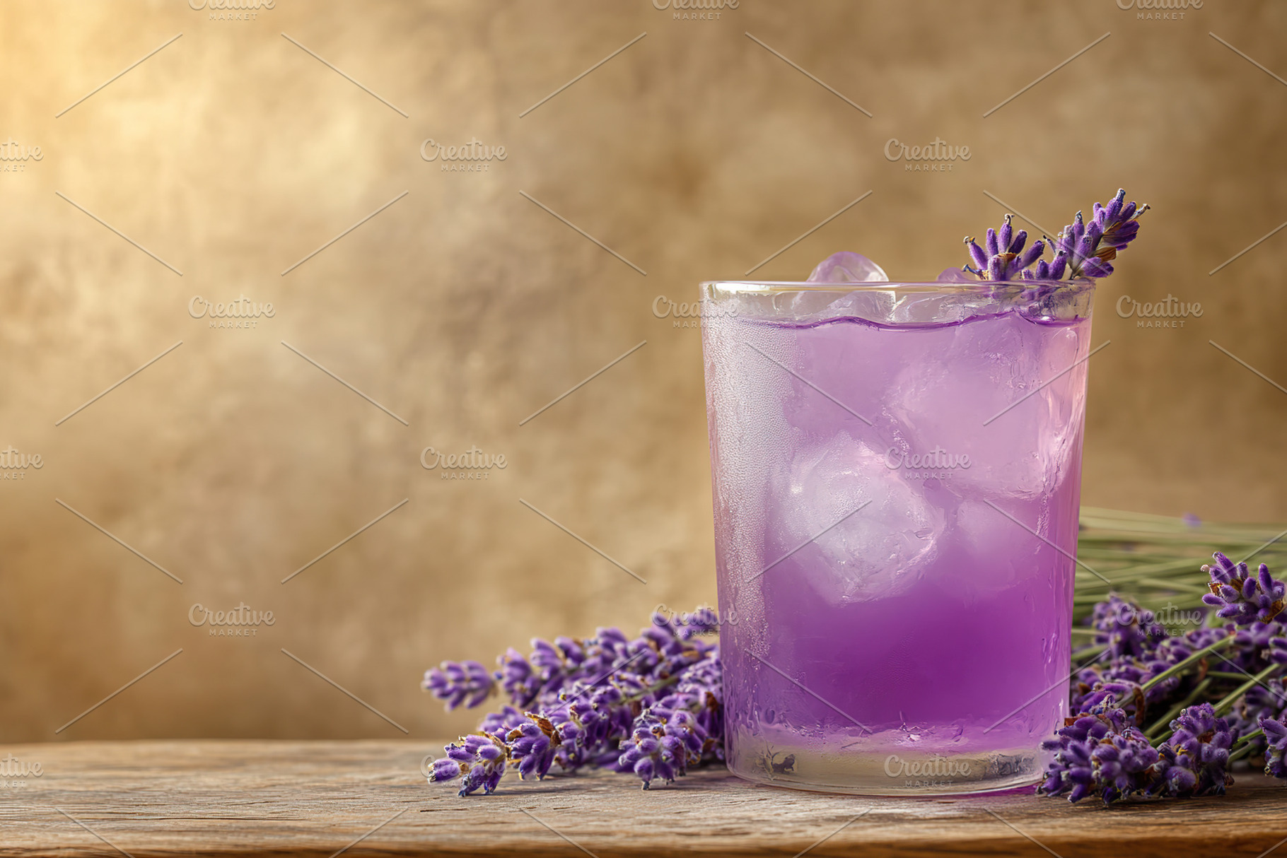Lavender cocktail served on wooden table surrounded by fresh lavender flowers, a Food & Drink Photo by AlyaAnd