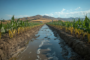 Rows of corn thrive on a sunny day i, a Photo by Tanuart