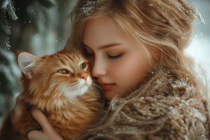 A young woman with long, wavy hair embraces a fluffy orange cat in a snowy land, a Person Photo by Textures & Backgrounds