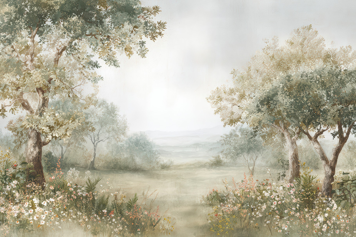 Ethereal Woodland Scene Wallpaper, a Decorative Illustration by Virgo Studio