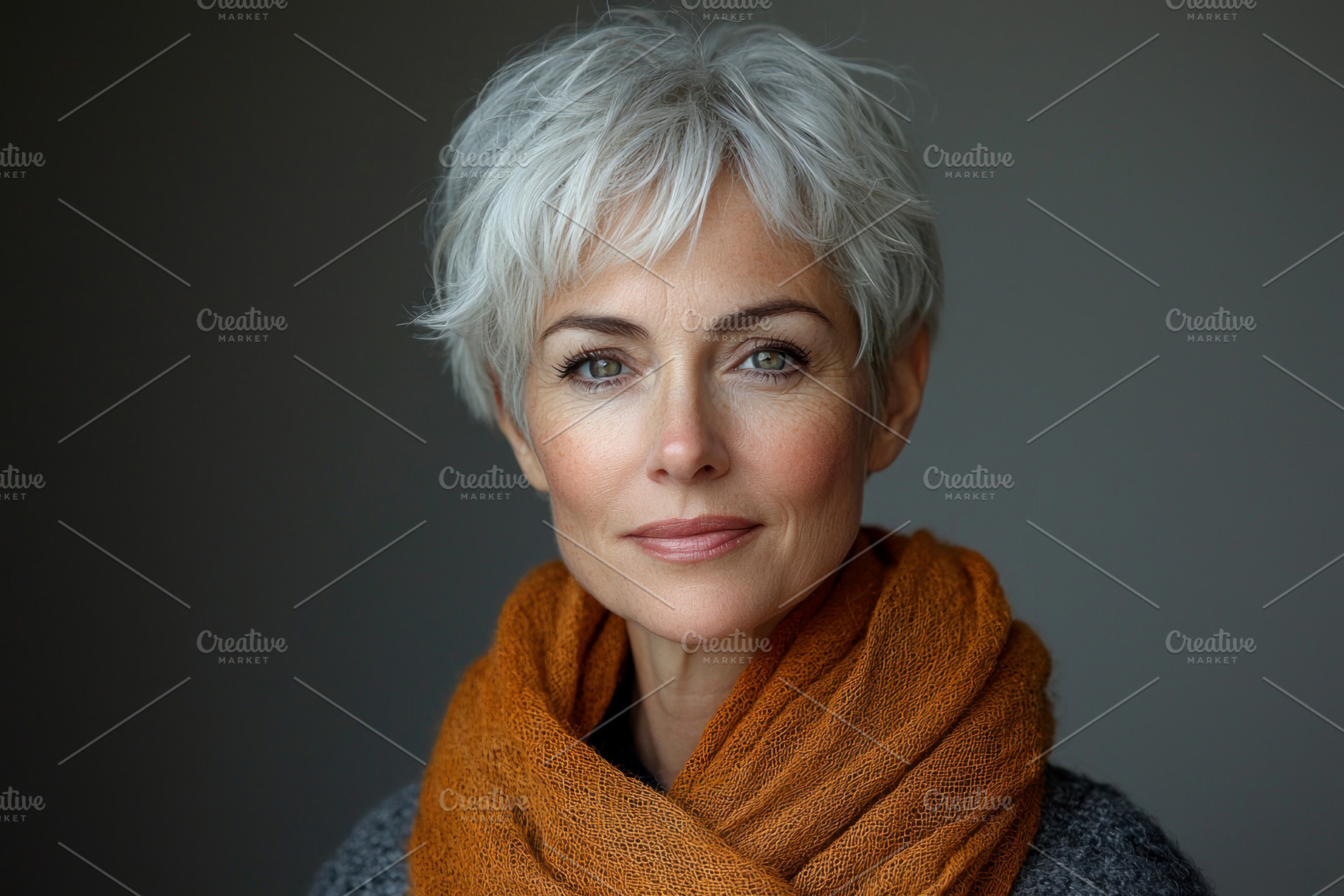 Confident mature woman with short gray hair wearing orange scarf, a Person Photo by José Manuel Gelpi