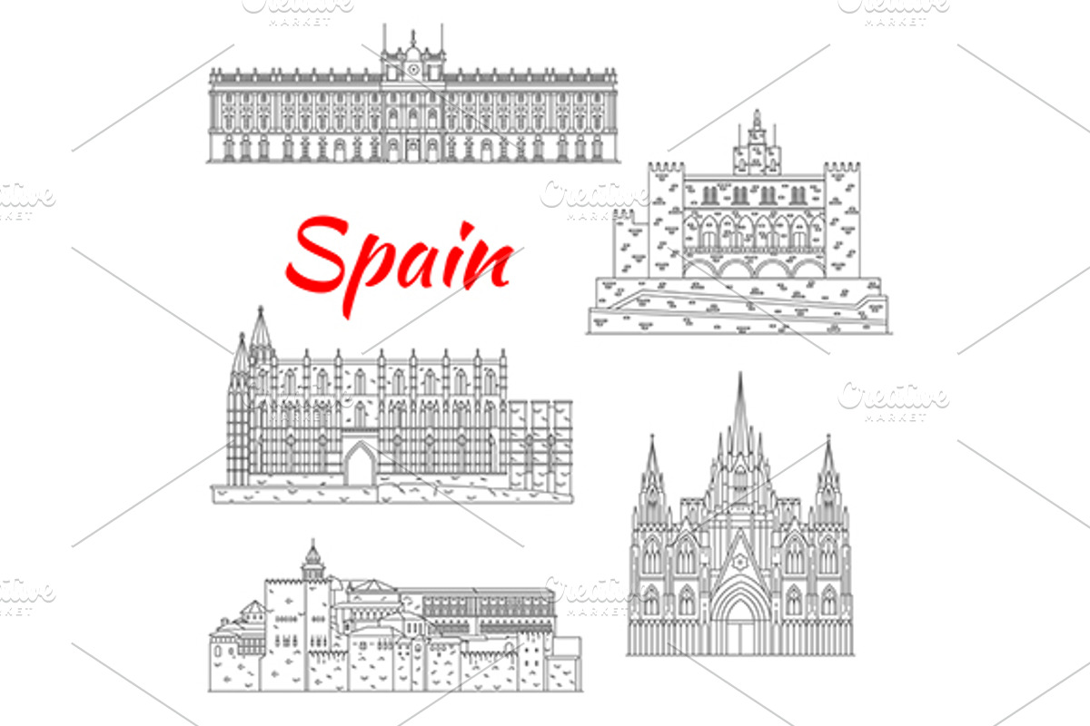 National Spain landmarks icons, a Background Graphic by Vector Tradition