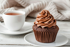 Chocolate cupcake with whipped cream and cup of tea on wooden table, a Food & Drink Photo by AlyaAnd