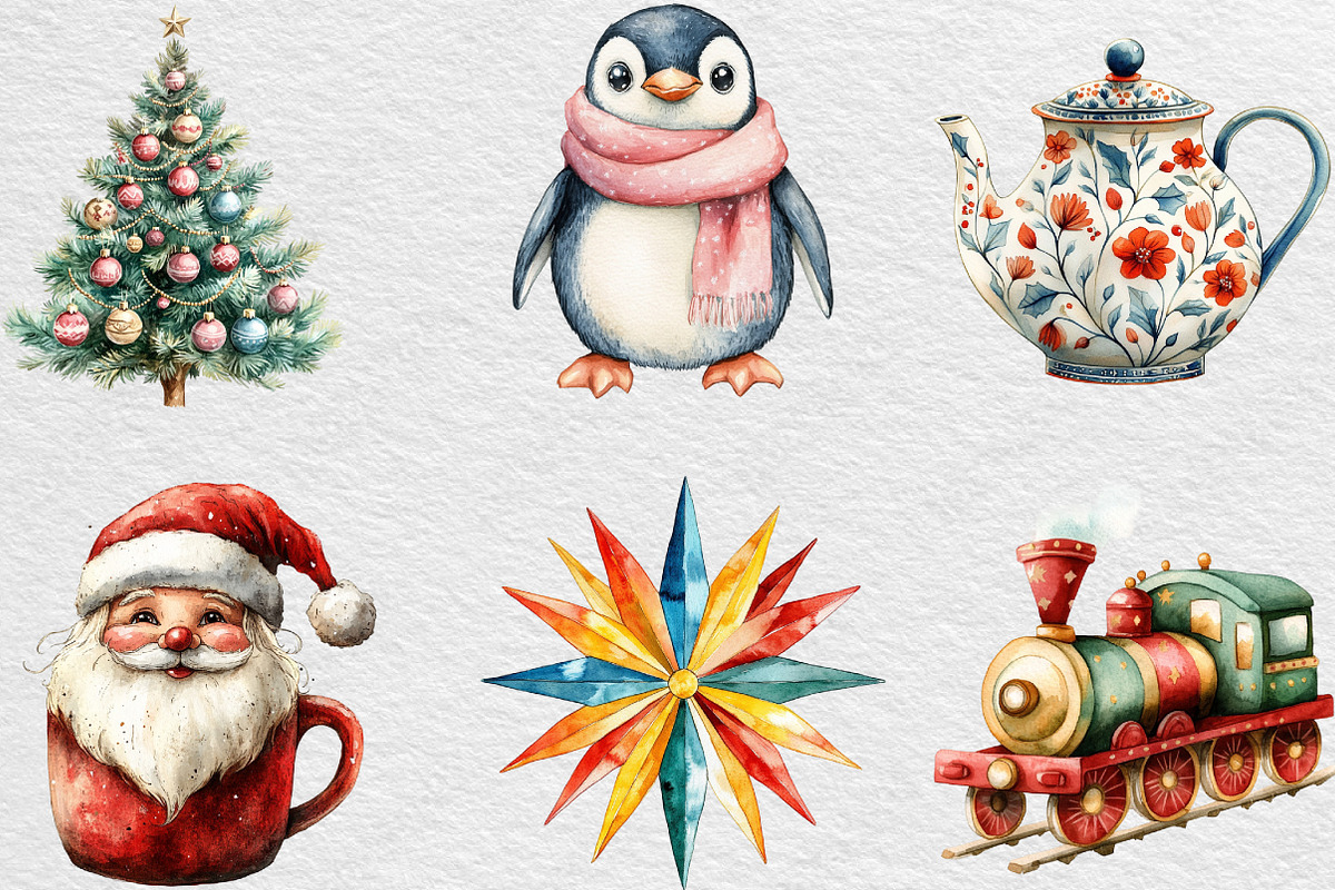 Retro Christmas Watercolor Clipart, an Illustration by Black Bird Studio (Photo 5 of 6)