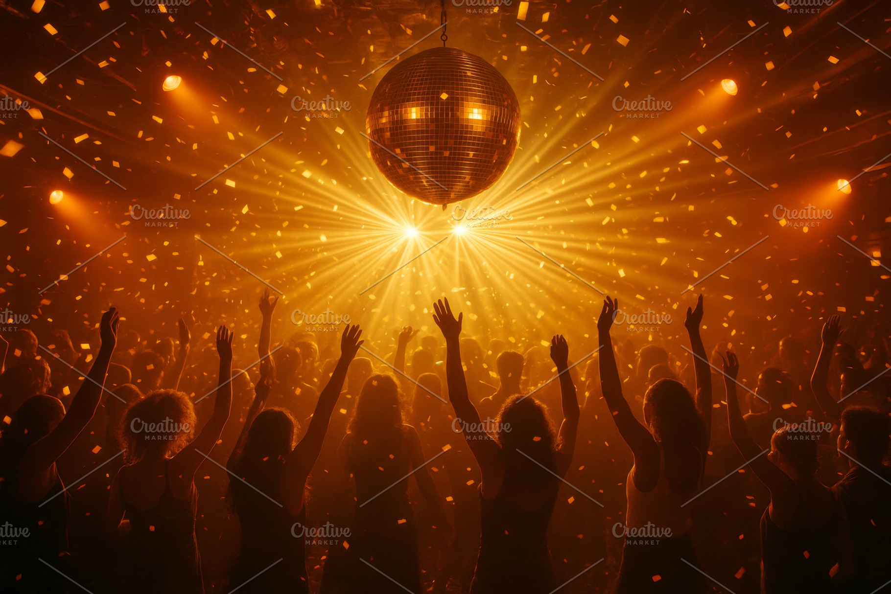 Disco party with people dancing unde, a Photo by Dvoevnore photos