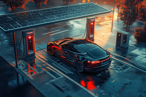 A sleek black electric car charging at a futuristic solar-powered charging stat, a Technology Photo by Textures & Backgrounds