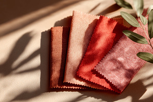 Elegant Fabric Swatches with Leaf Shadows Showcasing Textures and Warm Earth To, an Arts & Entertainment Photo by Ocean Digital Art
