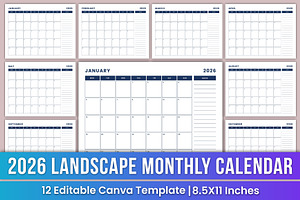 2026 landscape Monthly Calendar Kdp, a Stationery Template by Mustafiz