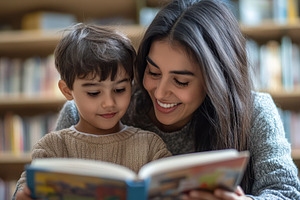 Mother and son share a book in the l, a Background Photo by Pixeness Studio