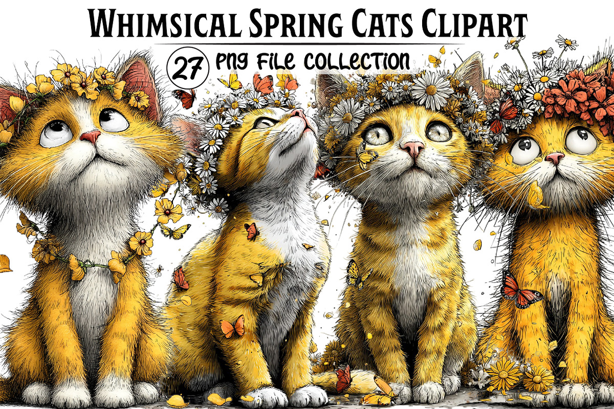 Whimsical Spring Cats Clipart, an Illustration by Dream Creation (Photo 1 of 6)