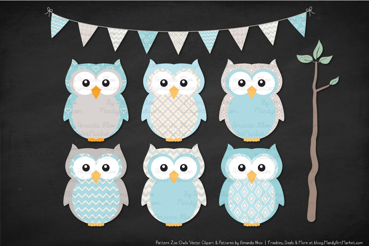 Owls Clipart & Patterns in Soft Blue, an Animal Illustration by Amanda Ilkov (Photo 3 of 4)