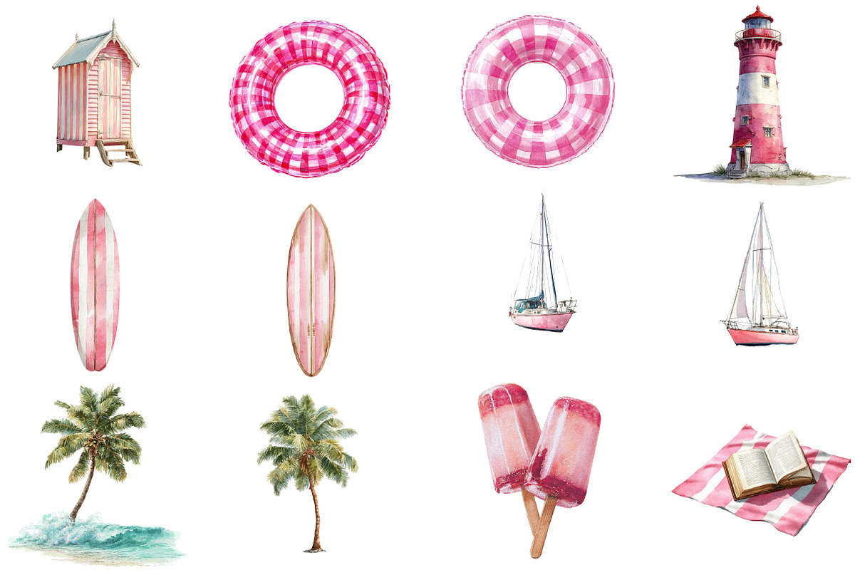 Watercolor Pink Beach Day Clipart, an Illustration by DreamCafeArt (Photo 3 of 8)