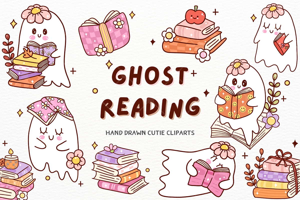 Ghost Reading Book Clipart, a Seasonal Illustration by ponponartwork (Photo 1 of 5)