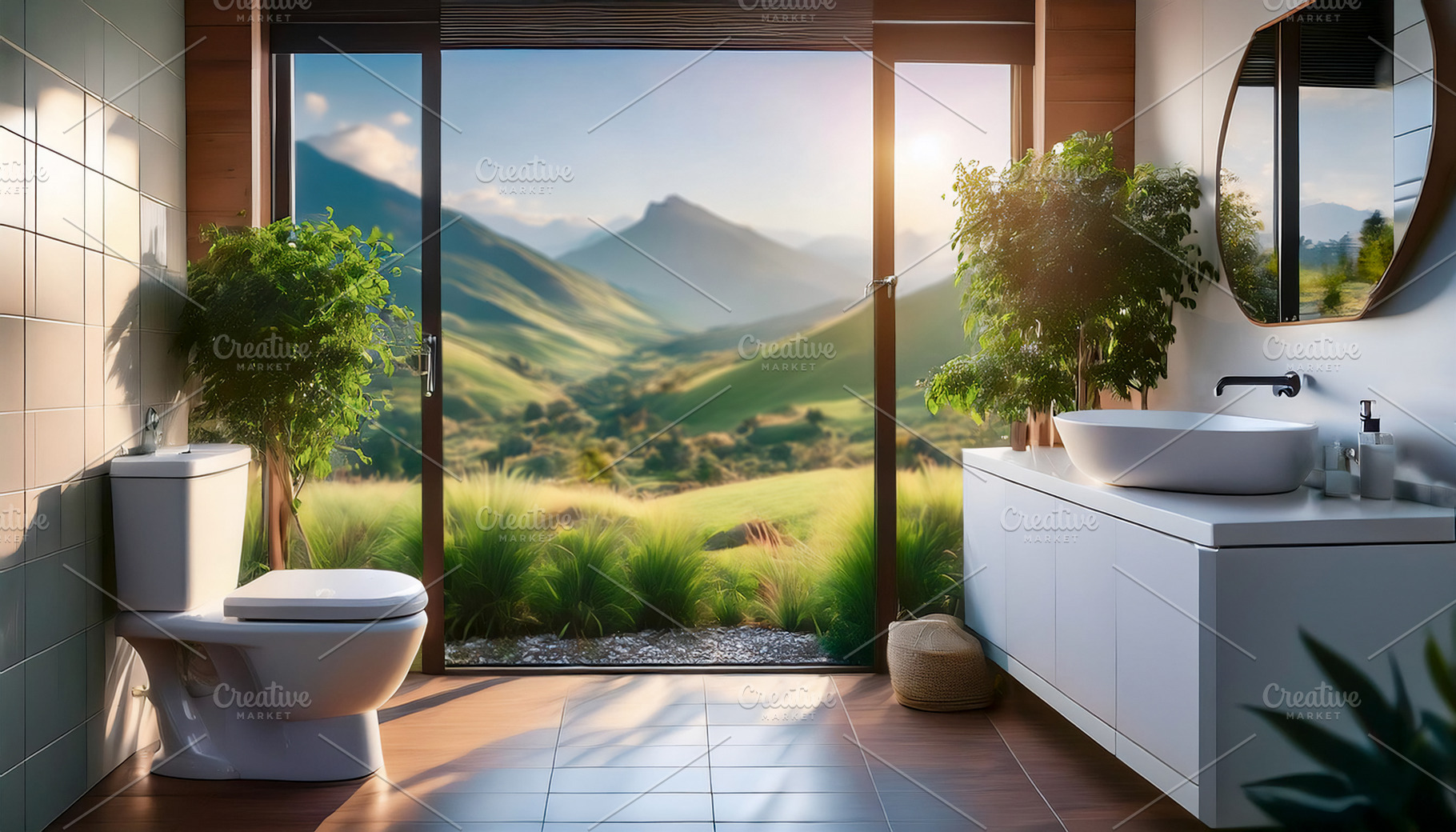 Modern white bathroom with window plant and landscape with mount, a Health & Medical Photo by Davizro's Market