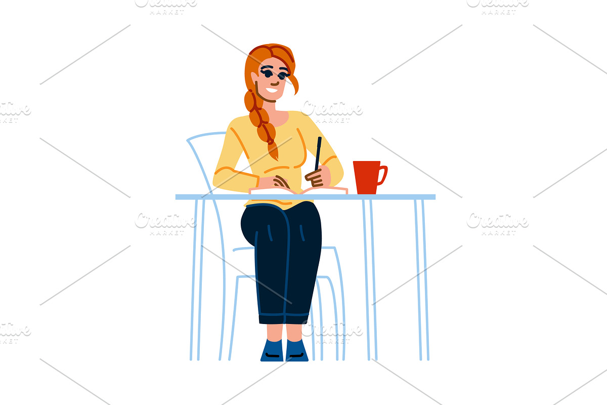 Smiling freelancer writing notes at, an Education Illustration by pikepicture