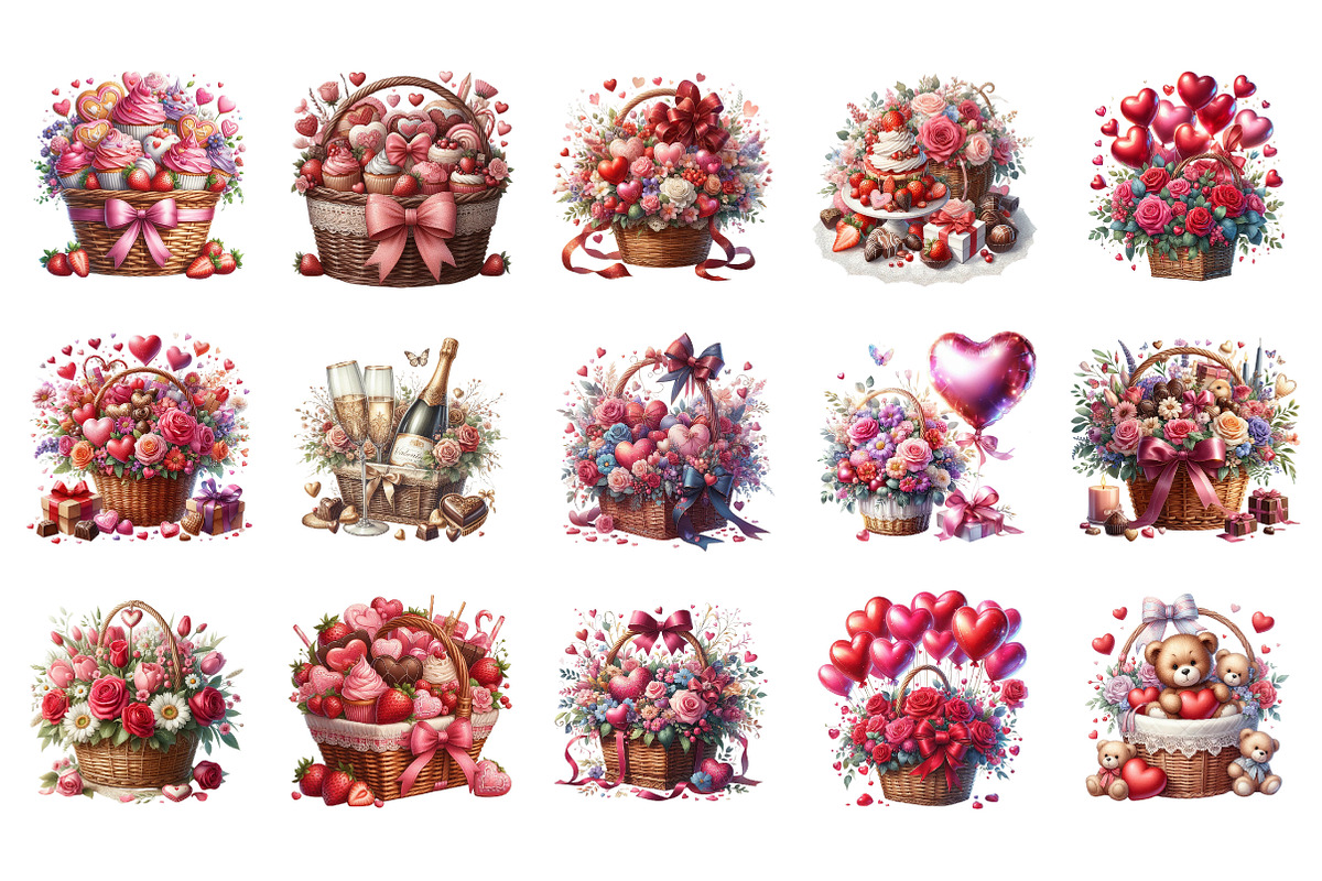 Valentines Basket Clipart Bundle, an Illustration by SinaCreation (Photo 2 of 11)