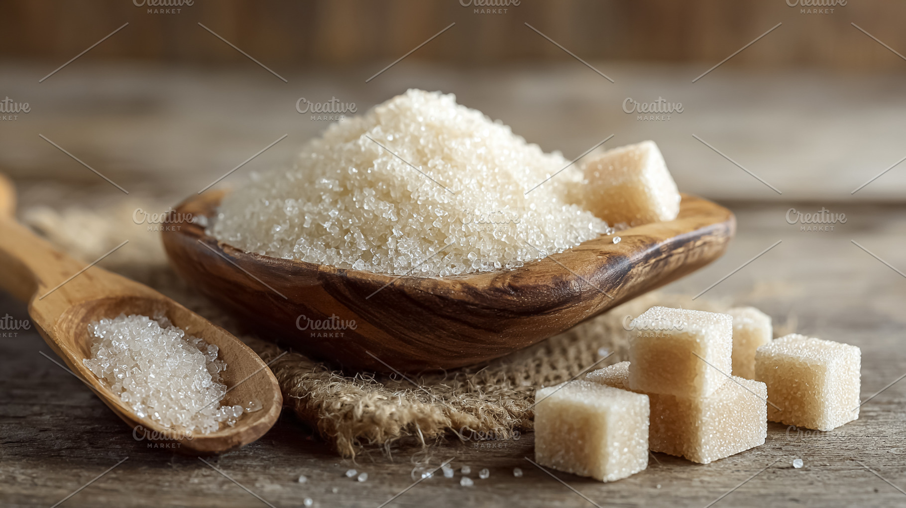 Raw brown cane sugar crystals and sugar cubes presented in a woo, a Photo by Studio ANNA