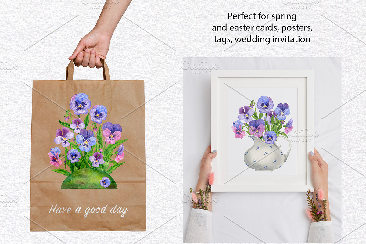 Pansy Watercolor Hand drawn set, a Decorative Illustration by KathrineWatercolor (Photo 8 of 9)