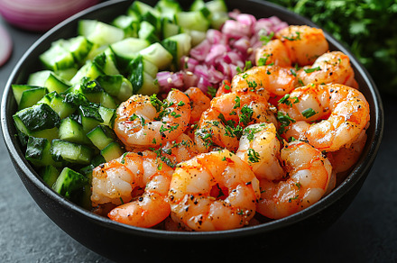 Healthy poke bowl with rice, vegetables and shrimps, a Food & Drink Photo by AlyaAnd
