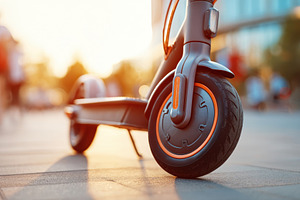 Electric scooter wheel at sunset in urban setting, a Transportation Photo by AlyaAnd