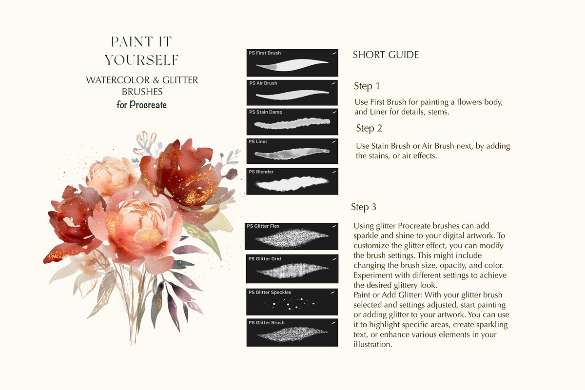 watercolor & glitter procreate brushes kit
