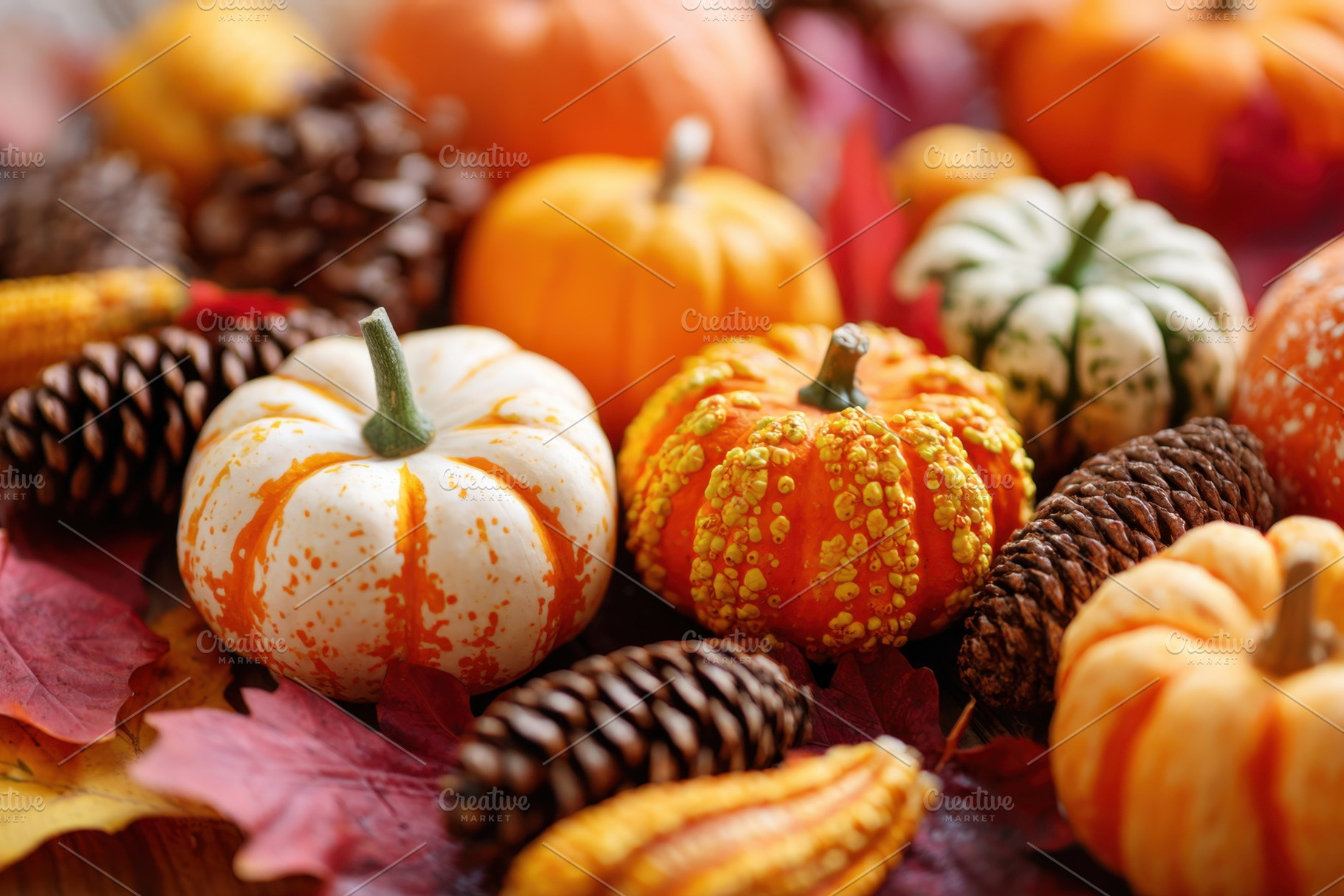 Autumn pumpkins and pine cones arrangement, a Holiday Photo by AlyaAnd