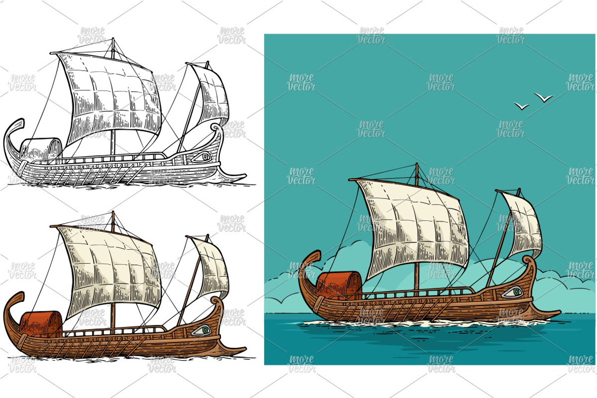Trireme floating. Engraving, an Illustration by MoreVector