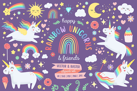 Happy Rainbow Unicorns Clipart Pack