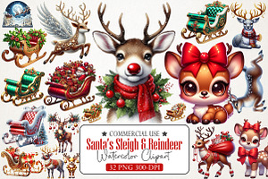 Santa’s Sleigh & Reindeer Watercolor, an Illustration by RobertsArt