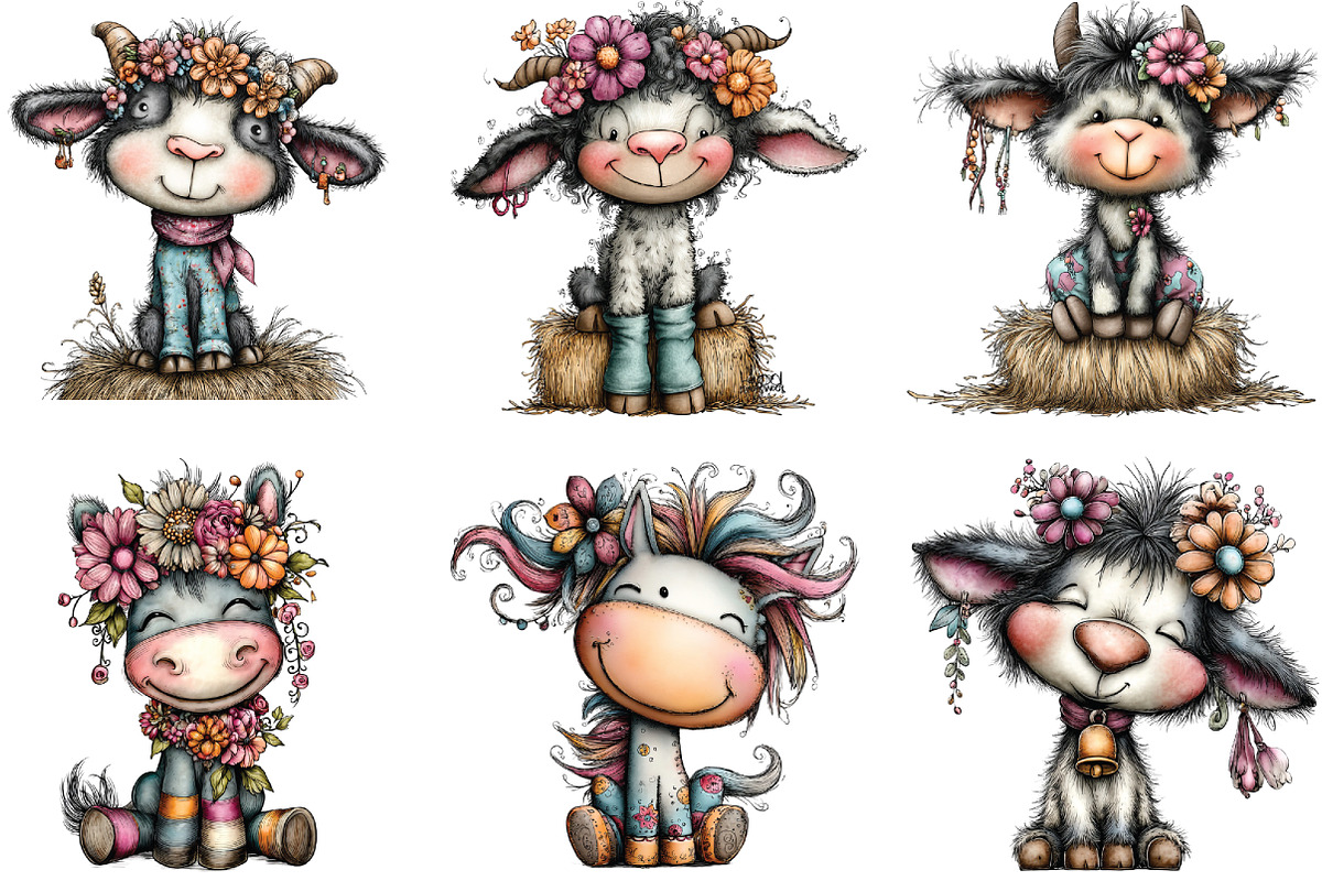 whimsical Funny Farm Animals Clipart, an Illustration by CraftArtStudio (Photo 5 of 6)
