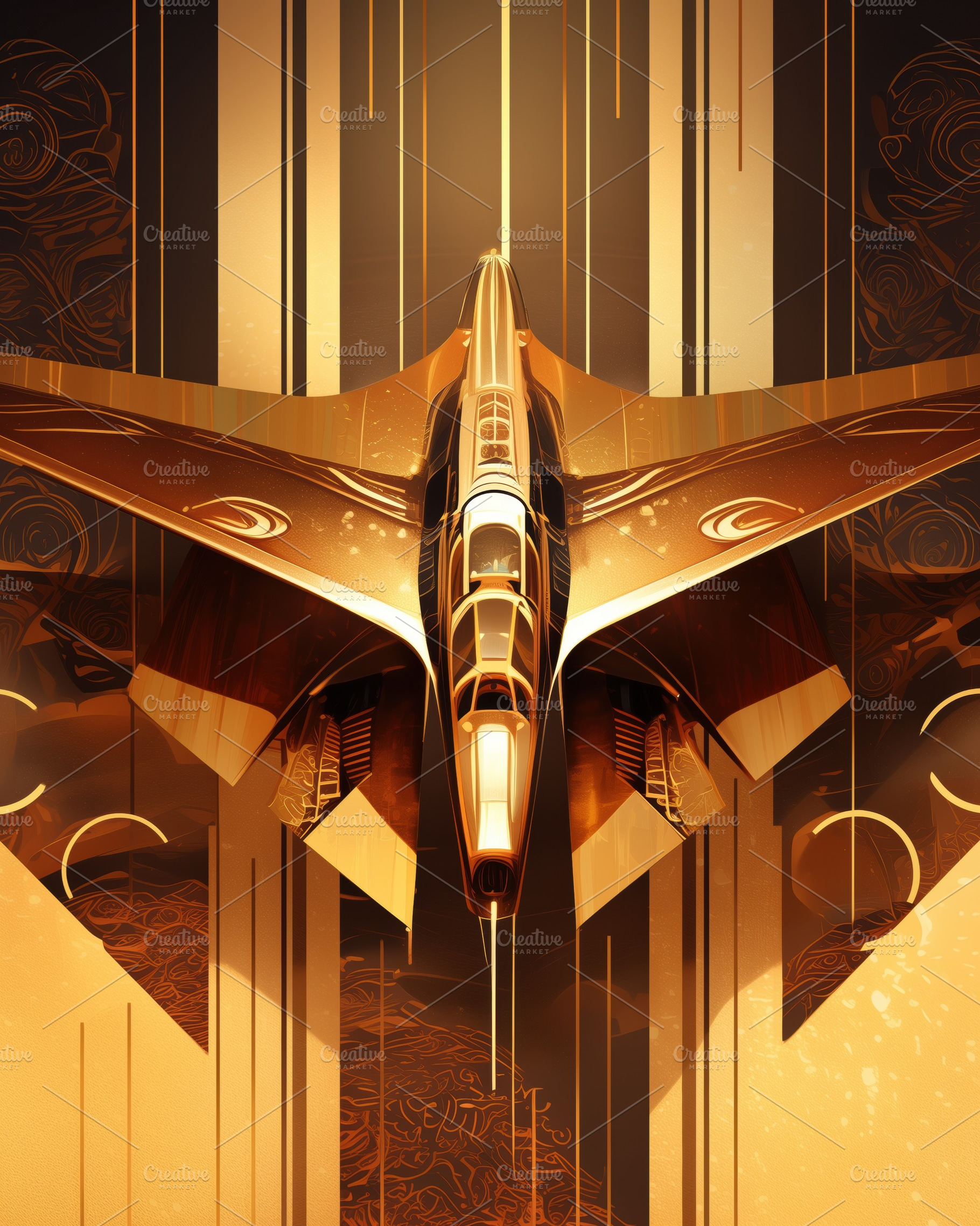 A stylized golden jet aircraft with sleek lines and an artistic background feat, an Arts & Entertainment Photo by Textures & Backgrounds