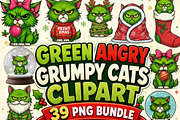 Green Angry Grumpy Christmas Cats, an Animal Illustration by Tanya Kart (Thumbnail 1 of 11)
