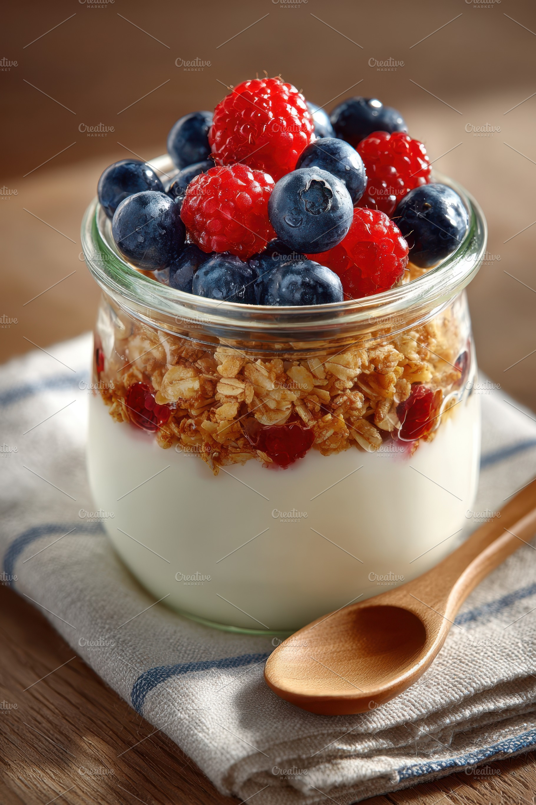 Layered yogurt parfait with berries and granola, a Food & Drink Photo by AlyaAnd