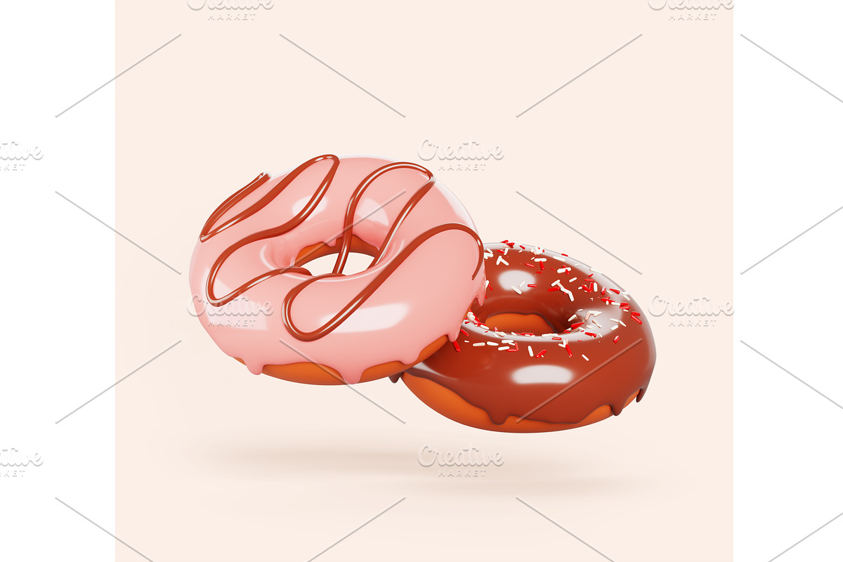 3d doughnuts with chocolate and pink, a Food & Drink 3D Model by Marozhkastudio