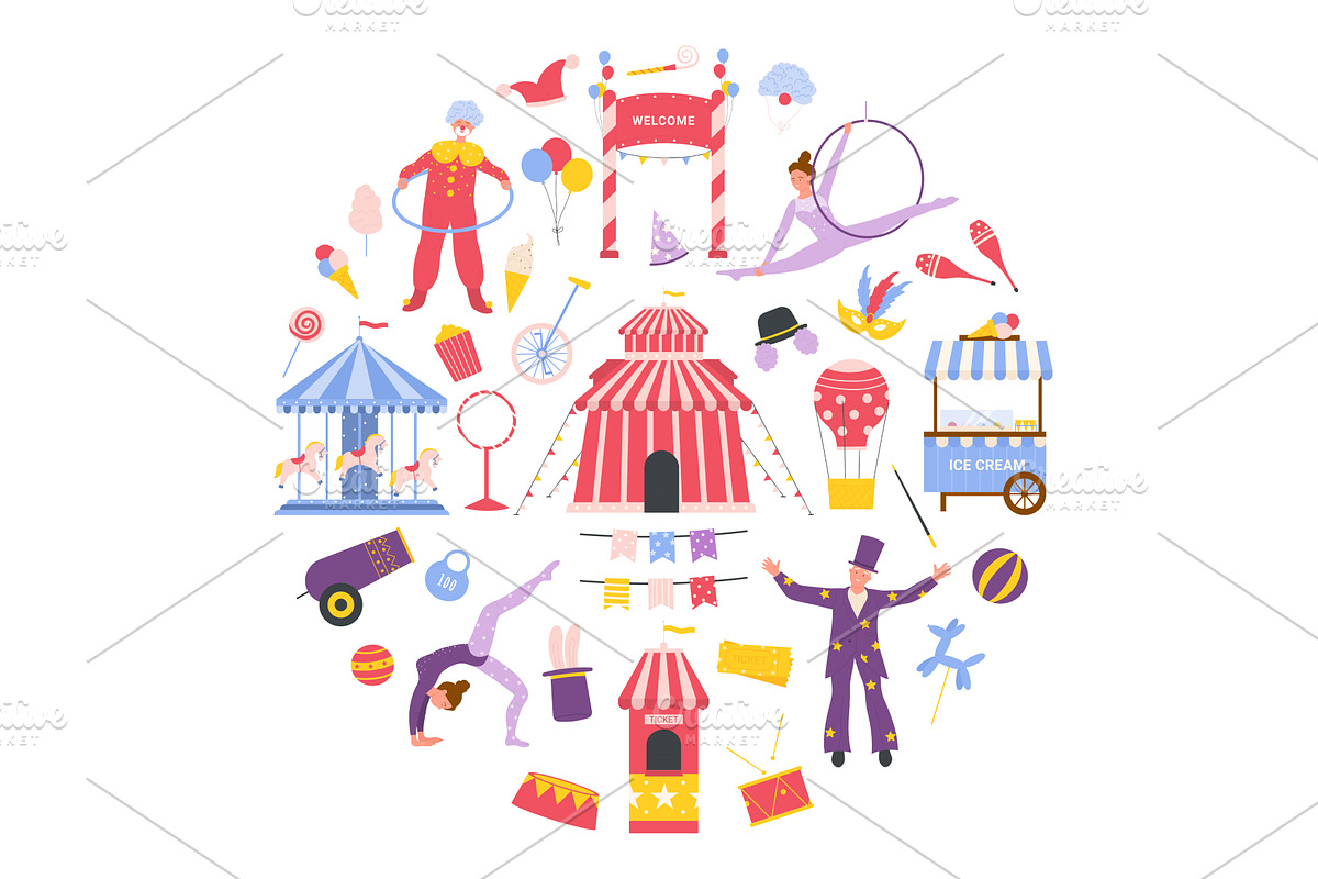 Circus fun concept with performers, an Illustration by Flashvector