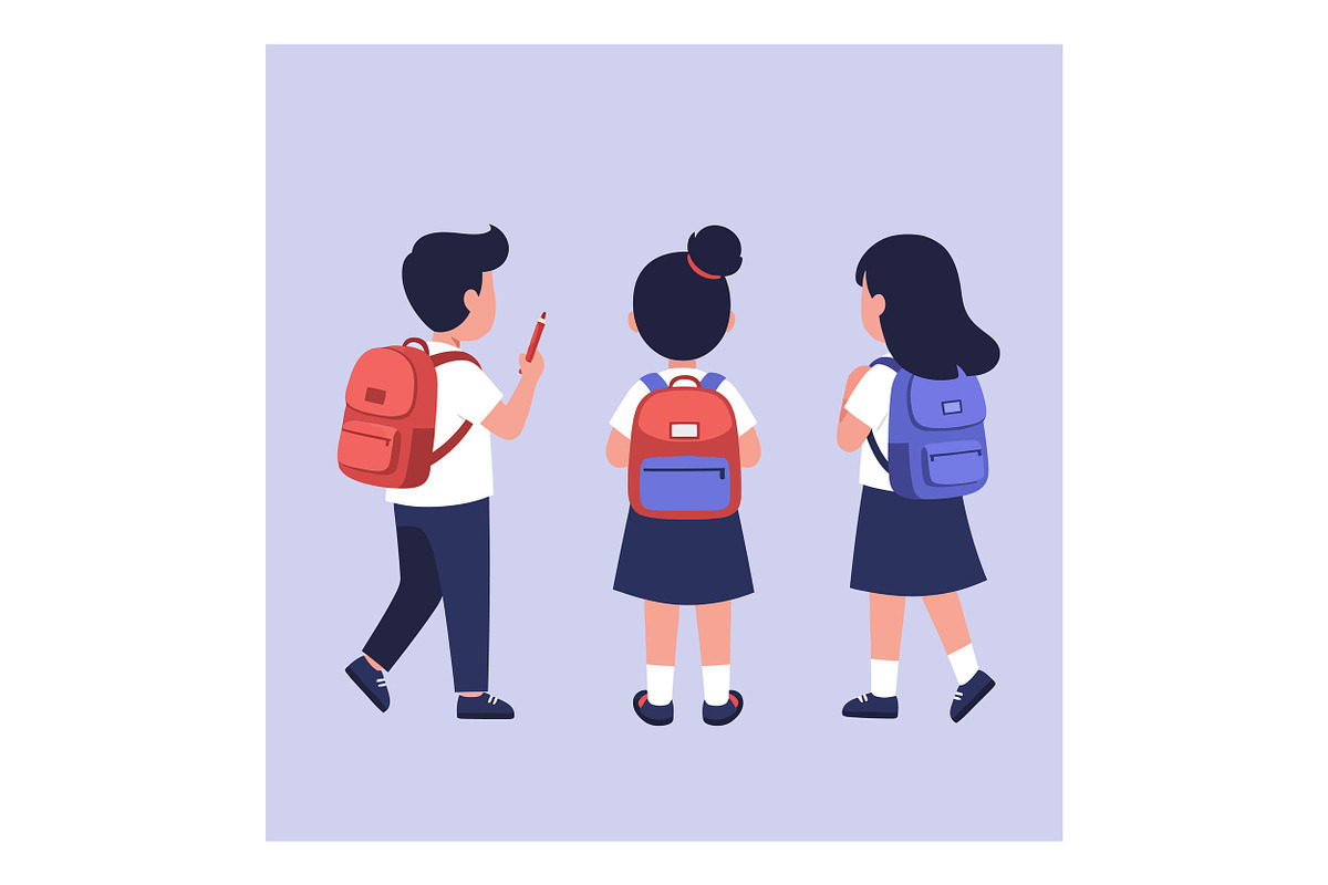 Three schoolchildren walking togethe, an Illustration by designvectx