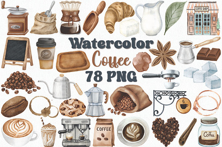 Watercolor Coffee Clipart Set