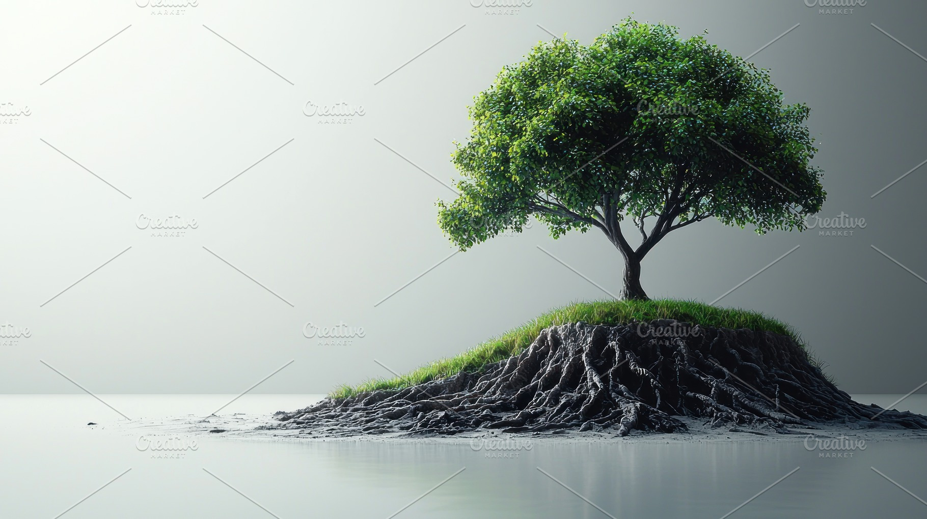 Lush green tree with exposed roots growing on small grassy islan, a Person Photo by José Manuel Gelpi