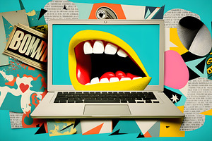 Pop Art Retro Collage With Laptop And Giant Mouth