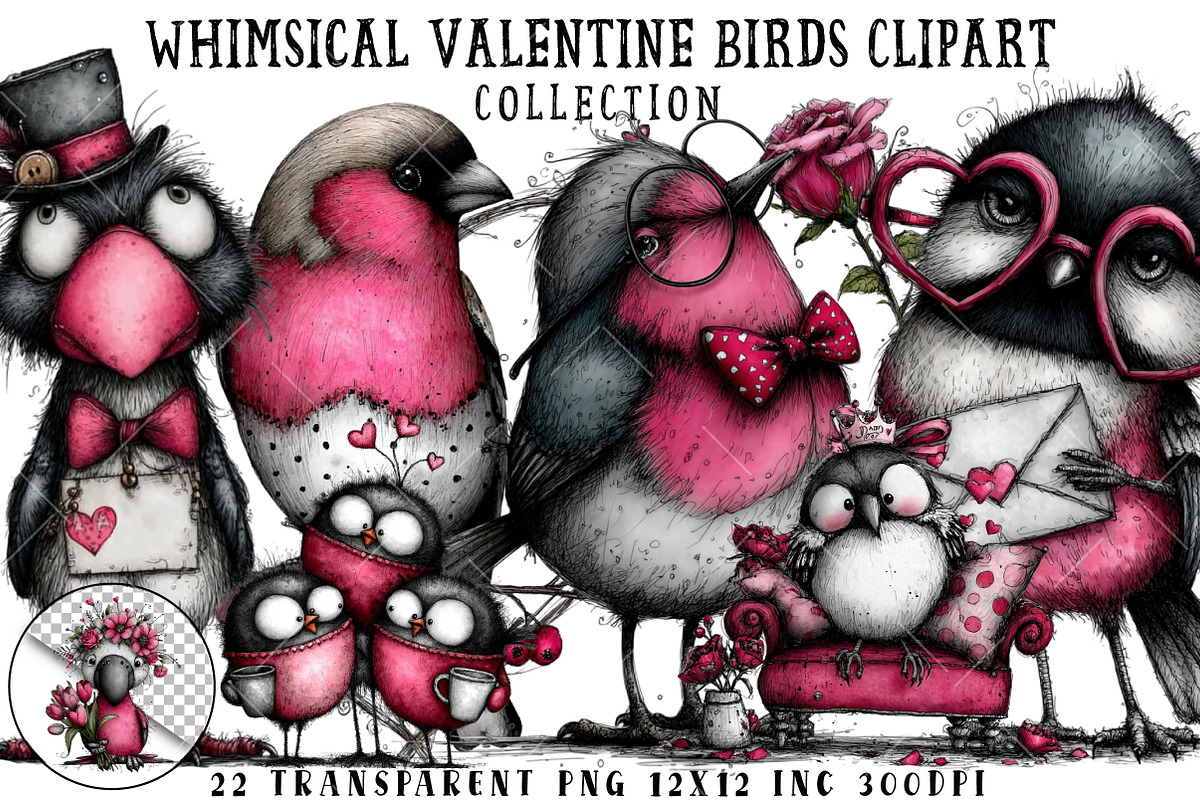 Whimsical Valentine Birds Clipart, an Illustration by OK Design (Photo 1 of 6)