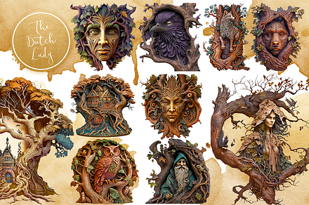 Mystical Tree Carvings Clipart Set, an Illustration by The Dutch Lady Designs