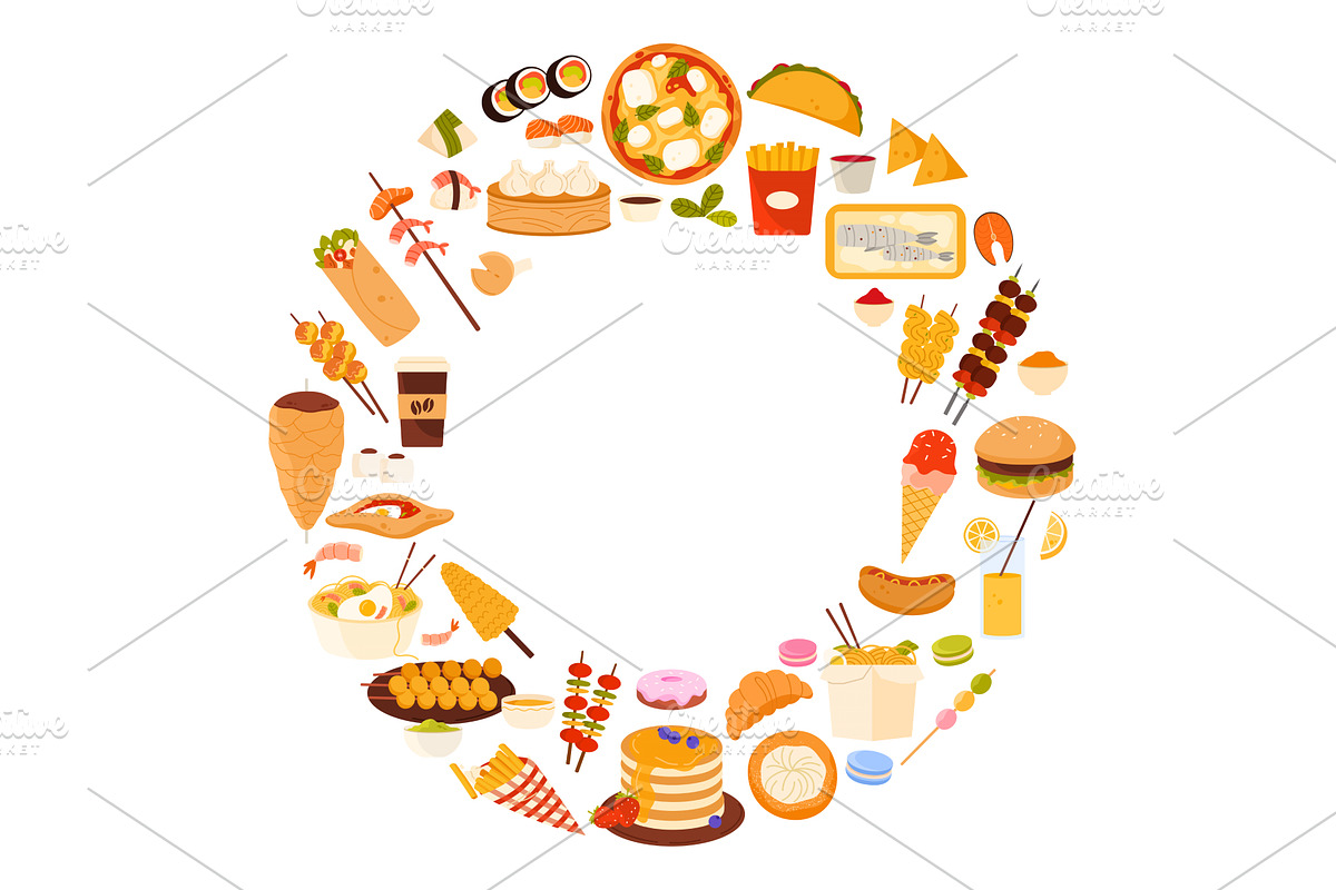 Circle of diverse foods sushi, pizza, a Food Illustration by Flashvector