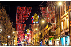 Christmas decorations on streets of strasbourg alsace france stock photo, an Architecture Photo by Leonid Andronov