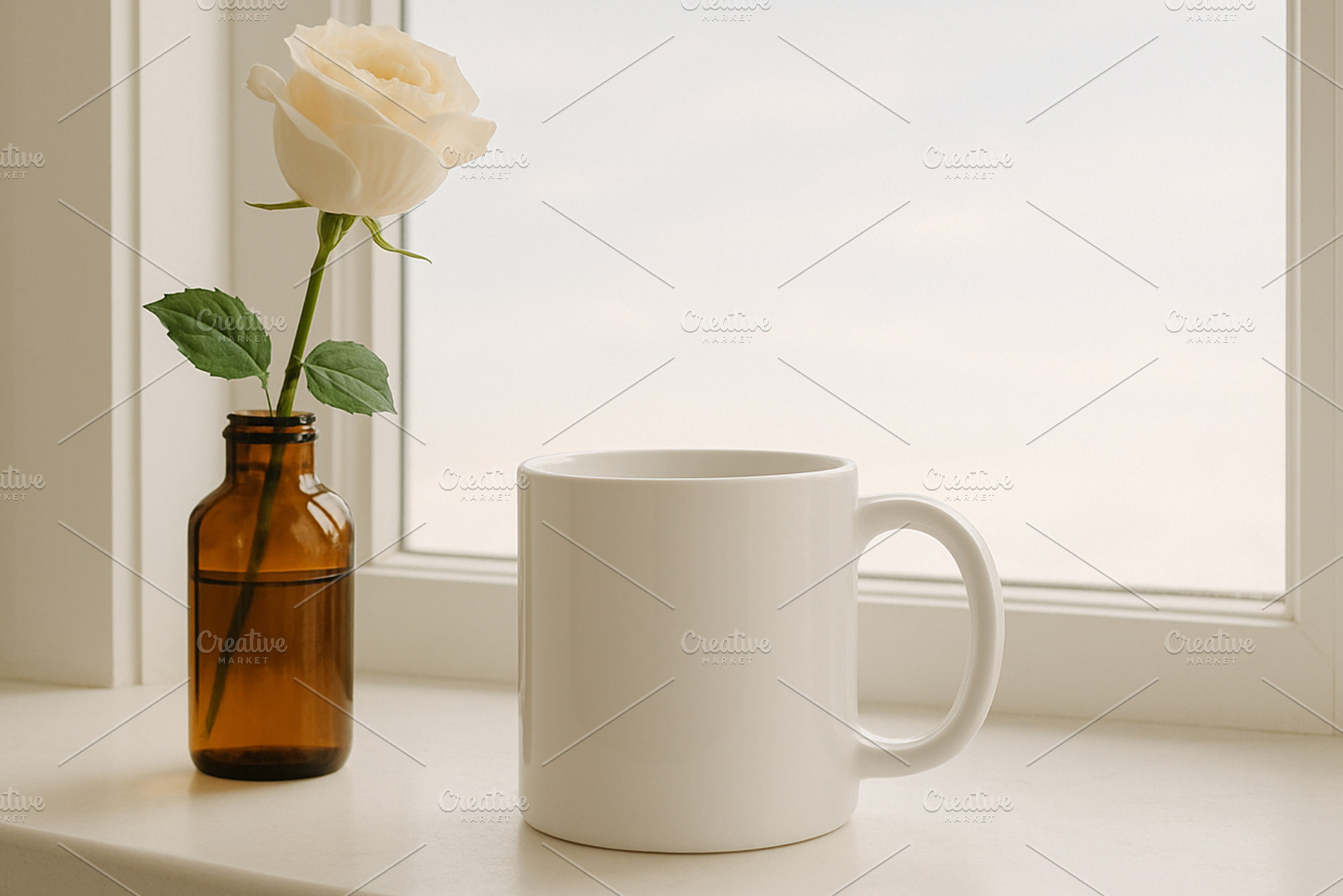 Mug and White Rose on Windowsill Moc, a Background Photo by illuztrate